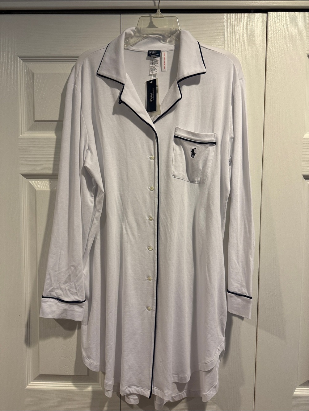 Polo by Ralph Lauren White Long Sleeve Button Sleep Shirt with Navy Piping